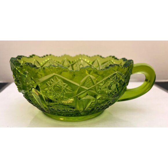 L E Smith Heritage Quintec Green Carnival Glass Handle Candy Nut Dish Bowl Vtg - Picture 4 of 7